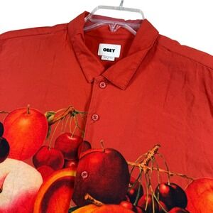 OBEY Men's Red Fruit Print Short Sleeve Button Up Shirt Size Large